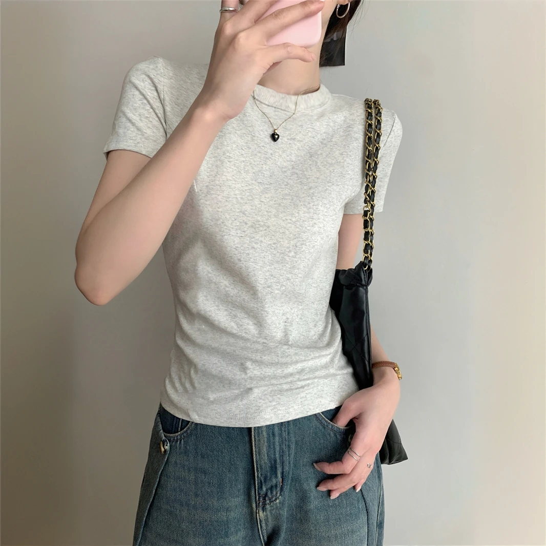 显瘦螺纹棉t恤女夏季2025新款圆领修身短袖通勤洋气上衣百搭纯色