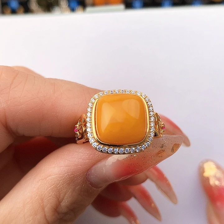 蜜蜡戒指银S925镶嵌戒指