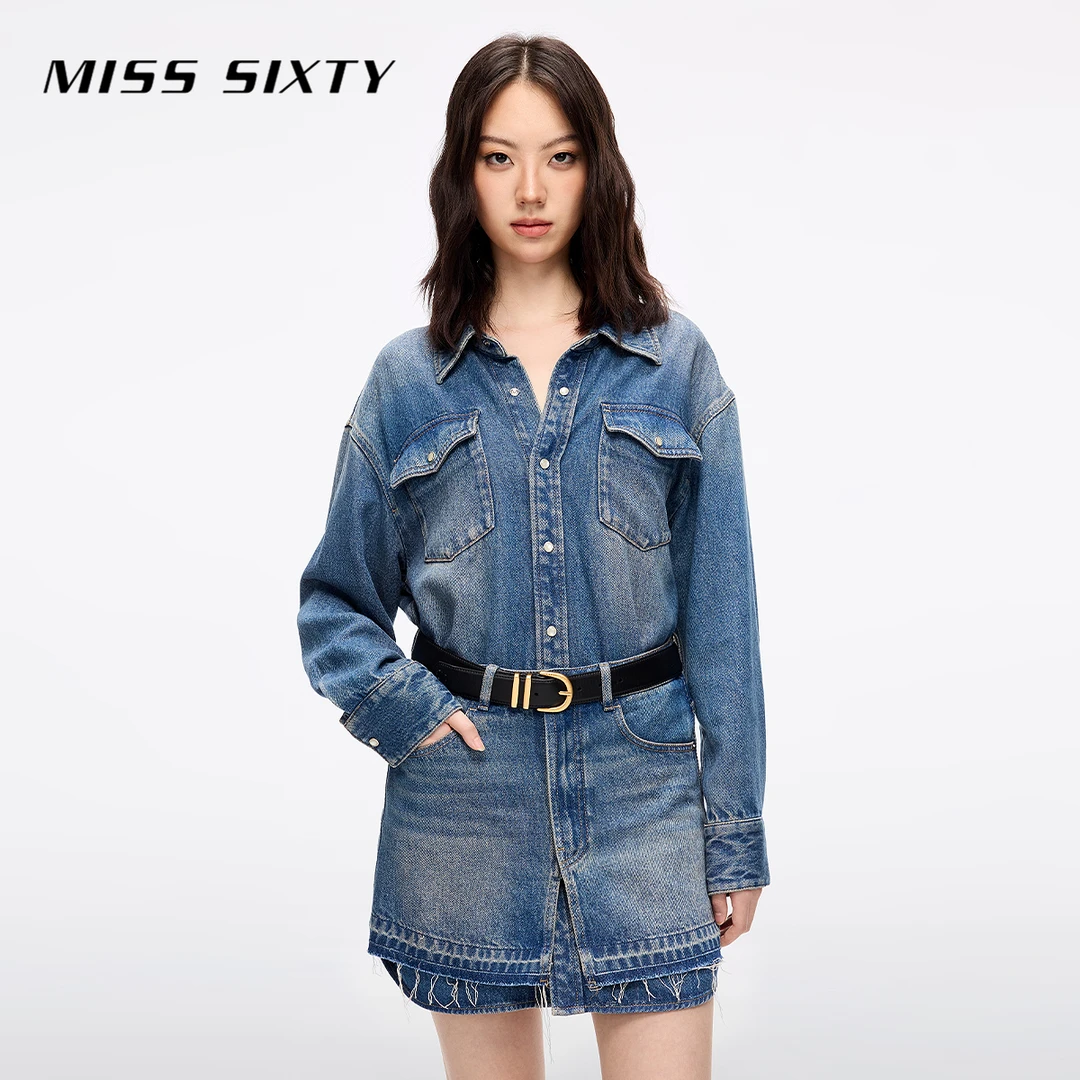 Miss Sixty2025夏季新款牛仔连衣裙女单排扣长袖假两件设计莱赛尔