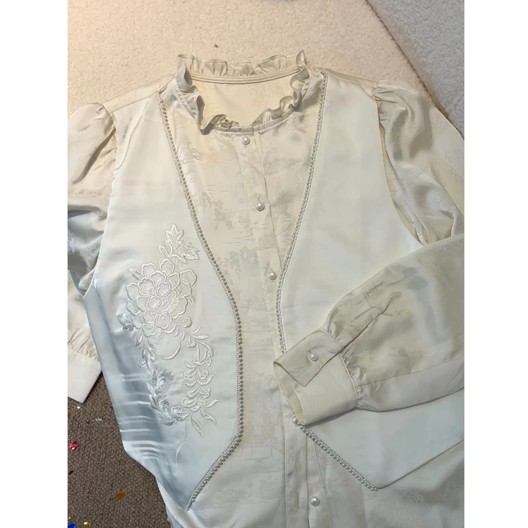 新中式国风花边领假两件刺绣衬衣