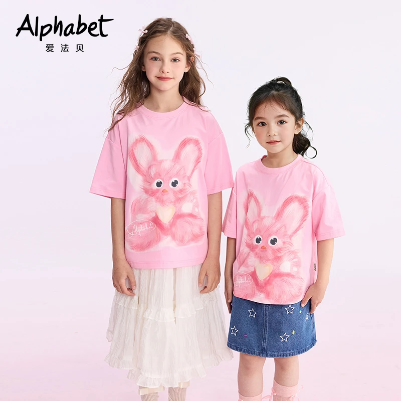 2025爱法贝常规女极简风休闲风亲子卡通洋气夏装宽松圆领T恤