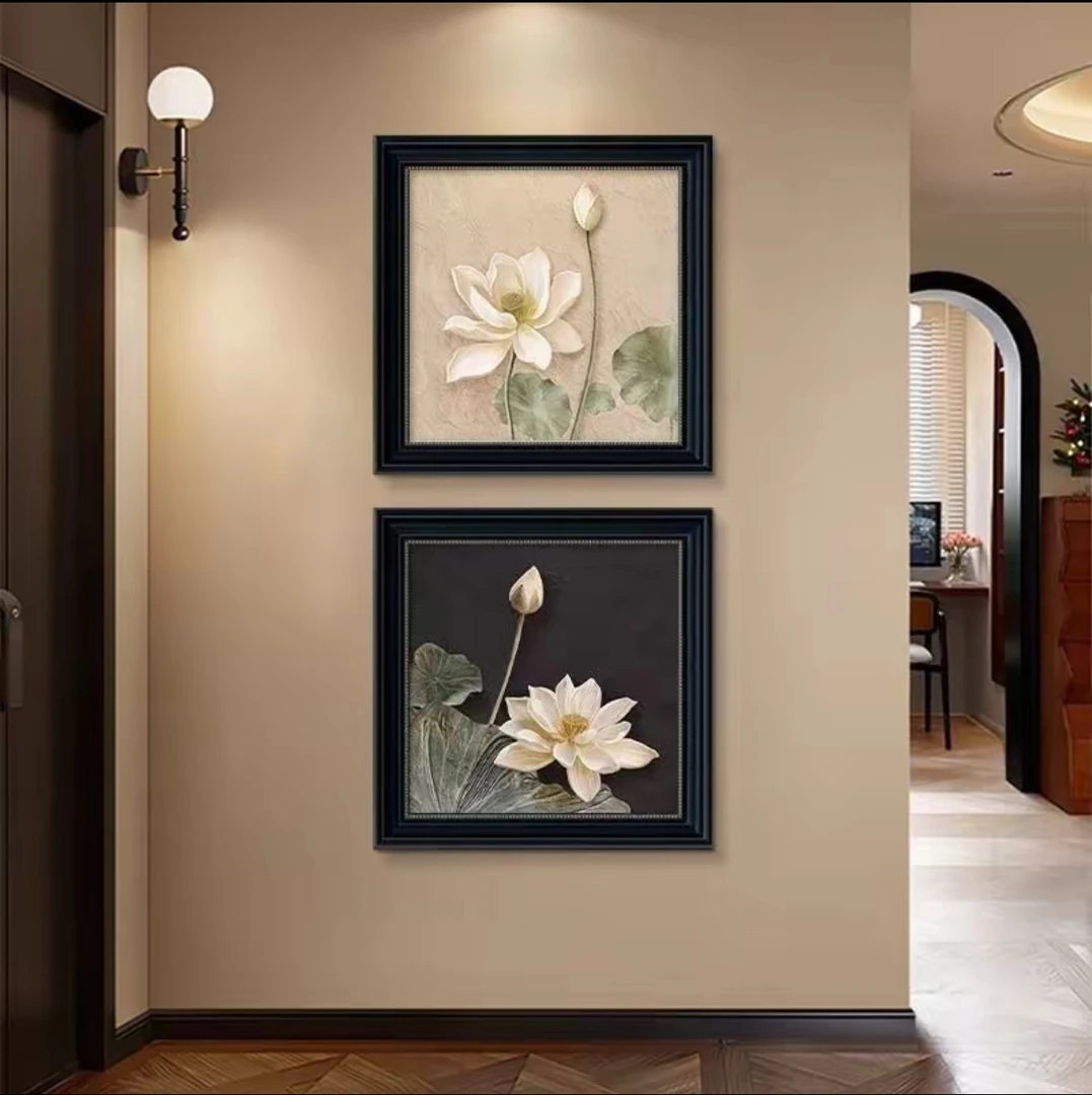 中古风玄关装饰画荷花复古油画餐厅背景墙挂画组合壁画高级感F05