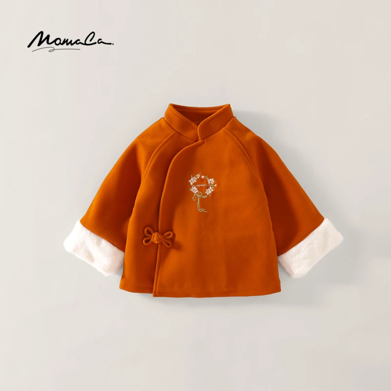 MOMOCO冬季新款女童时尚新中式绣花呢大衣外套75830107008