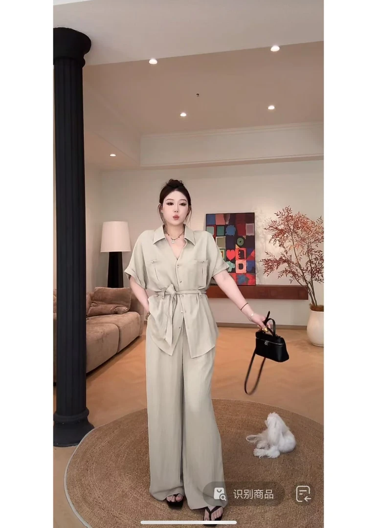 琪琪怪怪大码女装【气场全开】高级感系带收腰上衣+阔腿裤T16928QQ