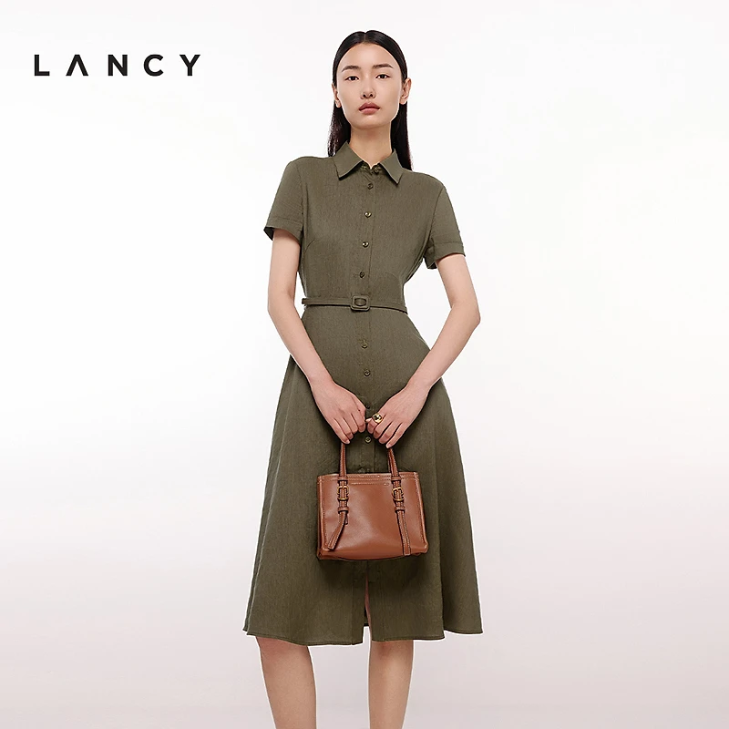 【亚麻】LANCY/朗姿2025夏季新款POLO领收腰衬衫老钱风高端连衣裙