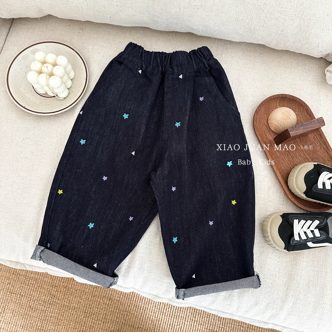 T24Q138春秋款男女宝宝休闲宽松星星牛仔裤婴幼儿童外出长裤洋气