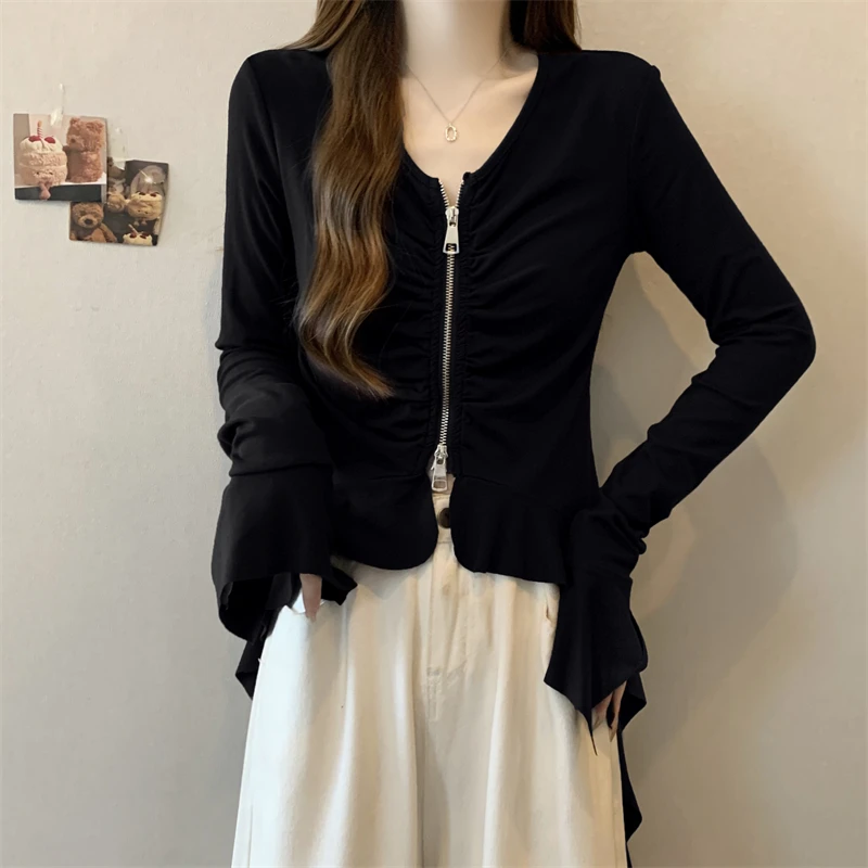 微胖早春新款大码不规则双拉链设计感长袖T恤上衣
