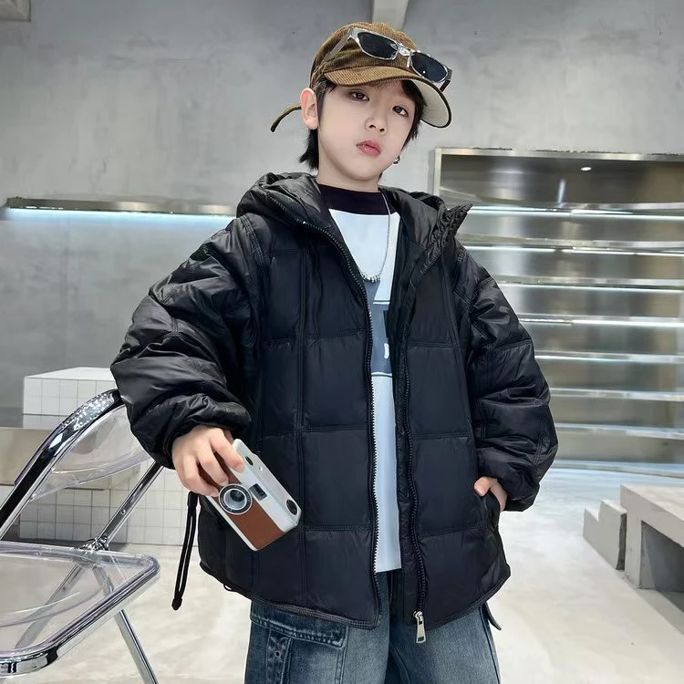 男韩版纯色时尚常规款外套男童拉链中大童潮流羽绒服