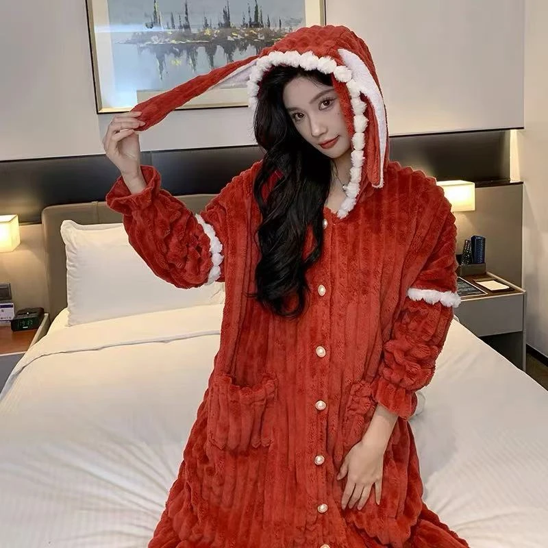 新款秋冬季珊瑚绒睡衣女加厚加绒冬款红色女士连帽中长款开衫睡裙