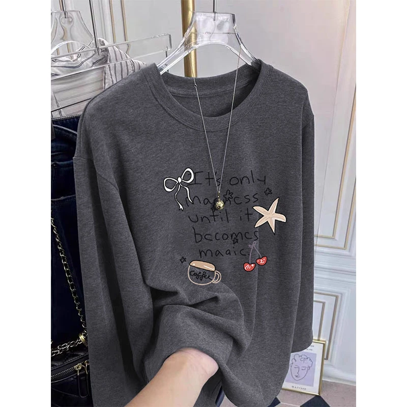 磨毛灰色正肩长袖t恤女装时尚减龄百搭加厚款内搭打底衫春秋冬季