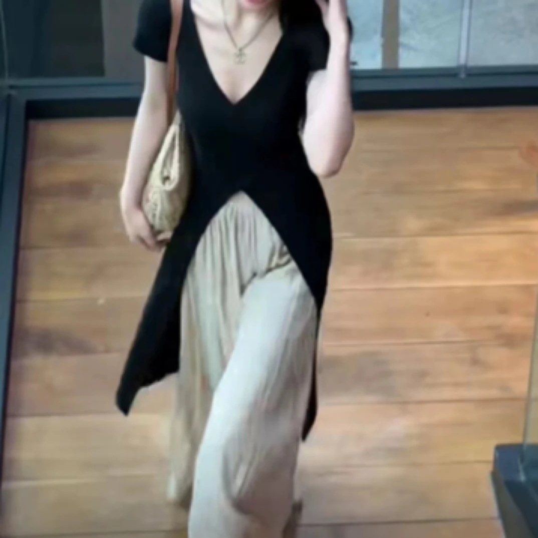 【月姐家大码女装】冰丝衫女夏季薄款外搭中长款叠穿开叉上衣裤子