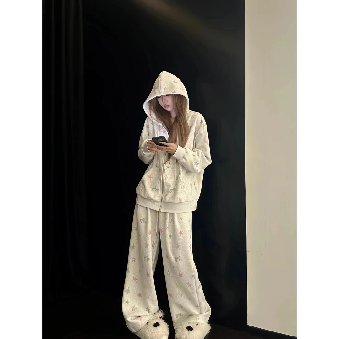 美式复古宽松慵懒卫衣女款爆款春秋季新款连帽外套睡衣长袖长裤