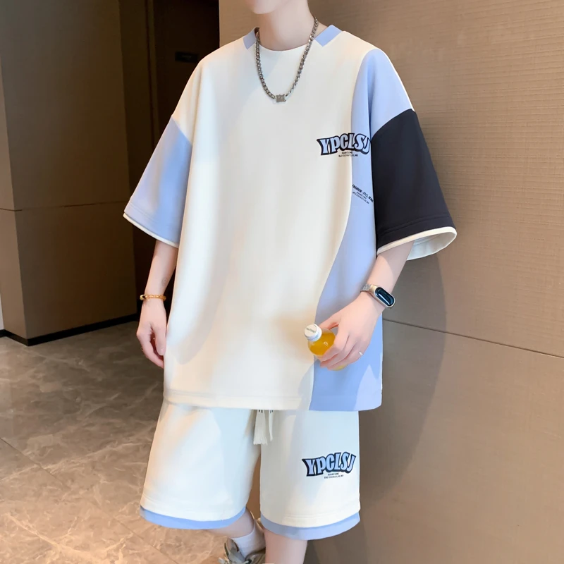 青少年夏季冰感短袖T恤套装男生宽松时尚学生百搭潮流运动两件套