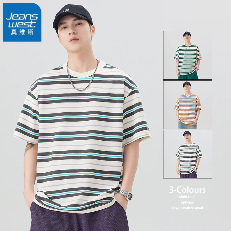 真维斯圆领T恤男士2025夏季薄款潮流条纹短袖休闲百搭宽松上衣服