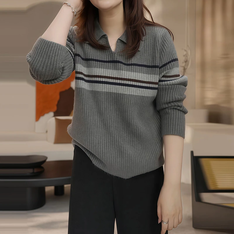 韩版POLO领拼色条纹针织衫女秋季新款设计感洋气慵懒风宽松毛衣潮