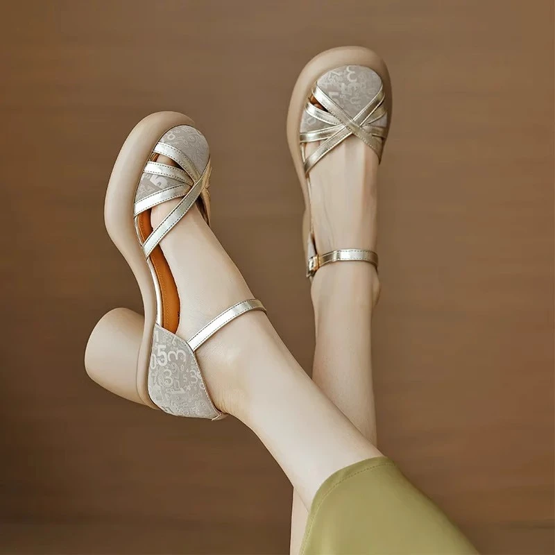 2025新款夏镂空编织细带罗马凉鞋厚底粗跟高跟鞋