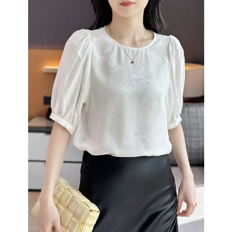 左左家 气质轻国风~100%桑蚕丝宽松圆领泡泡袖中式提花真丝衬衫女