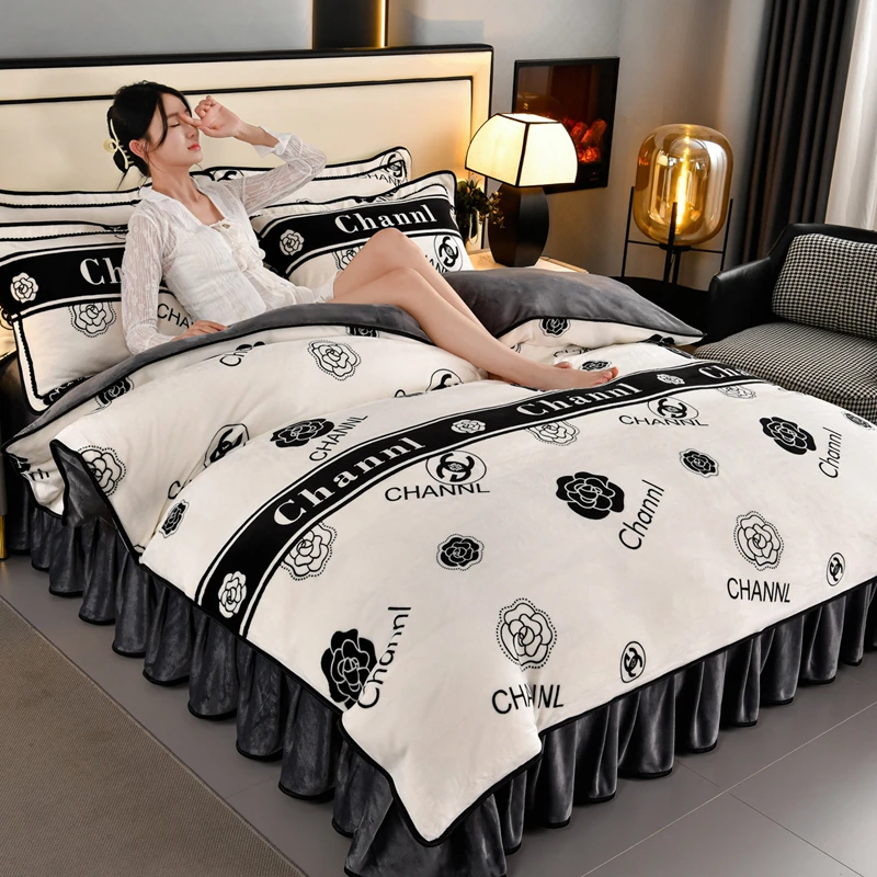 8-9斤加厚牛奶绒四件套秋冬保暖套件床单被套床裙被罩双面绒加绒