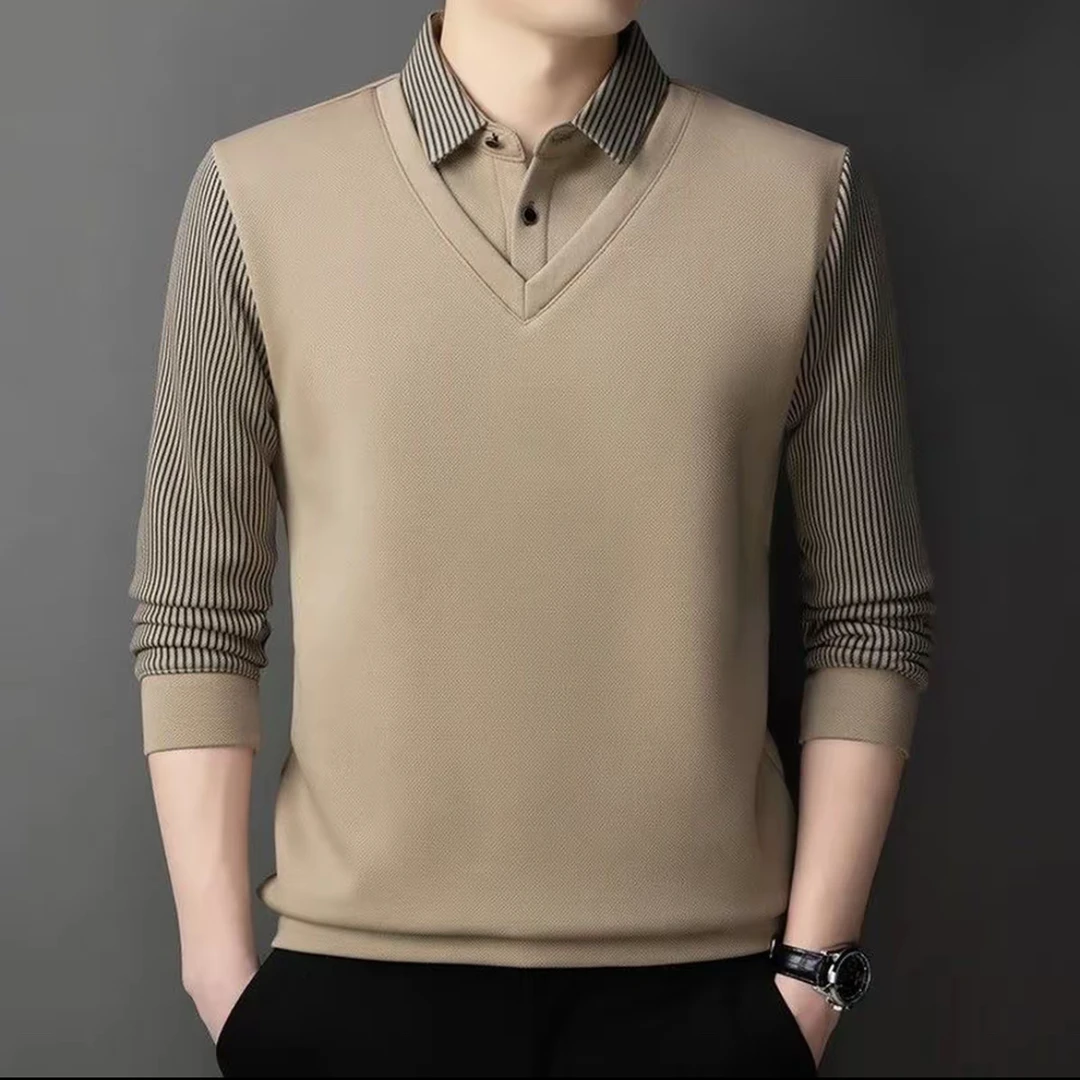 2025春秋长袖休闲条纹男T恤假两件衬衫领翻领POLO衫男装打底上衣