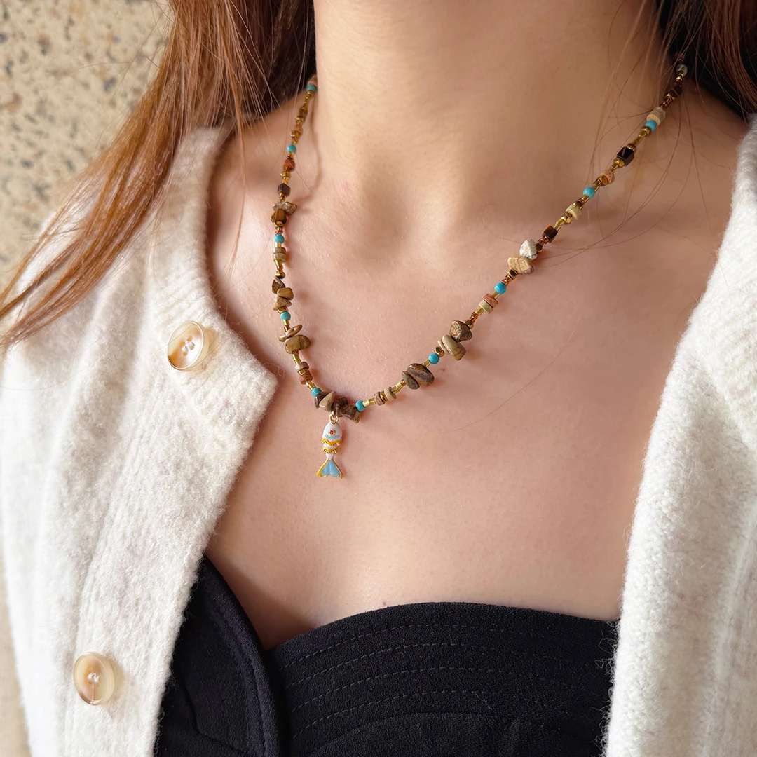 钛钢石英石项链 天然图画石项链毛衣链设计感轻奢小鱼秋冬项链