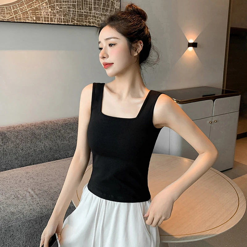 方领黑色背心女内搭2025新款纯棉无袖打底吊带无胸垫工字外穿上衣