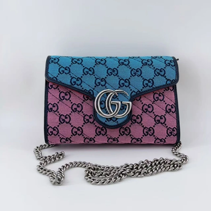 95新 GUCCI/古驰 老花蓝粉拼色马蒙链条包  1670 6210