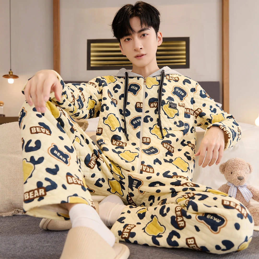 空气棉男士睡衣秋冬季长袖连帽夹层款保暖加大码青少年家居服套装