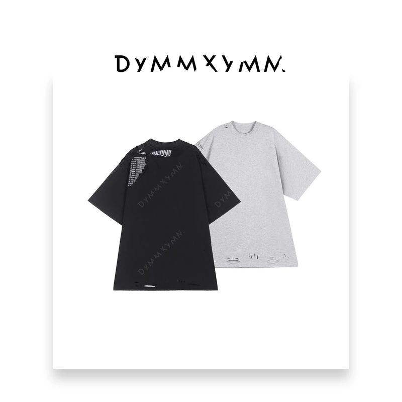 【DYMMXYMM】-极简风高级感破洞字母双色复古做旧T恤-5SS9124