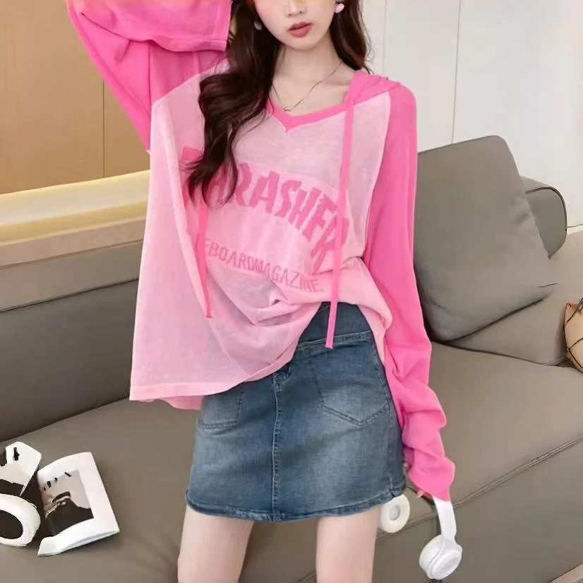 防晒衣长袖夏季薄款宽松插肩字母印花2025年拼色针织空调罩衫上衣