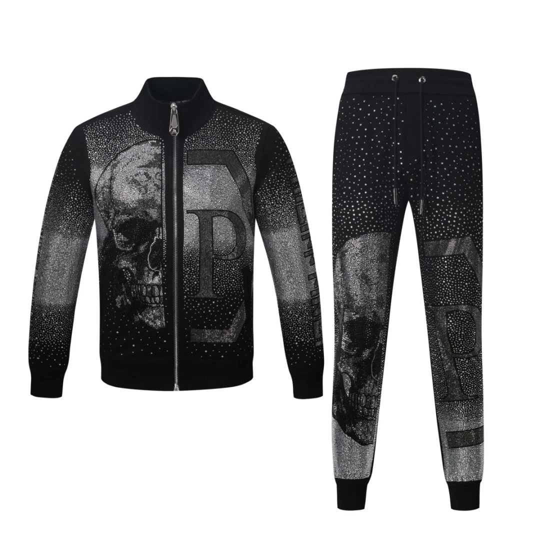 PHILIPP PINLI 3D轻奢重工黑色满钻休闲修身立领卫衣外套秋季男.