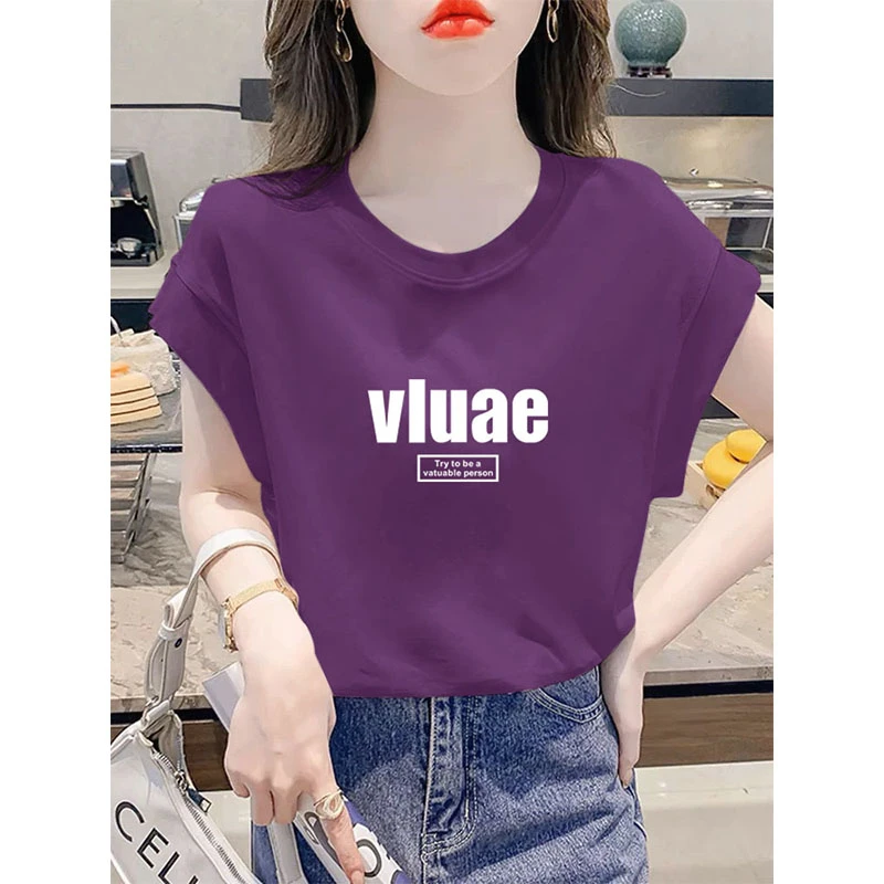 小飞袖圆领T恤女夏季新款正肩宽松显瘦百搭显瘦休闲设计感打底衫