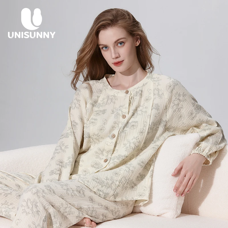 unisunny月子服春秋产后纯棉纱布孕妇哺乳睡衣喂奶产妇家居服冬季