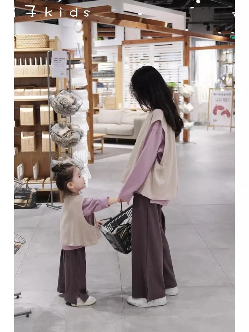 炸街亲子装三件套母女装同款亲子背心马甲韩版套装时尚休闲三件套