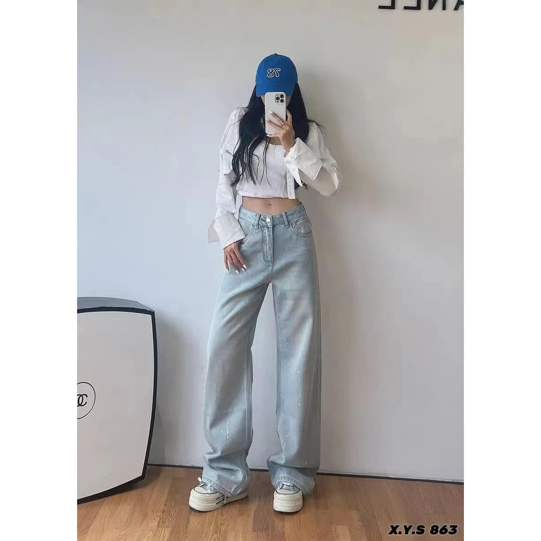 大码女装新款重工爆闪亮钻时尚百搭牛仔裤863-1