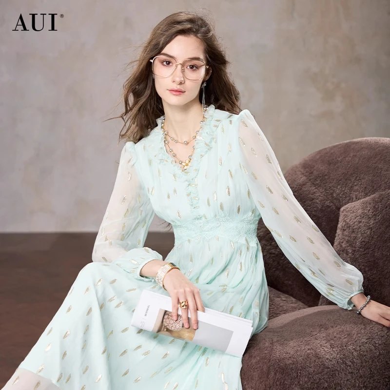 《李易行》AUI薄荷绿泡泡袖雪纺连衣裙名媛V领收腰长裙-25X019337