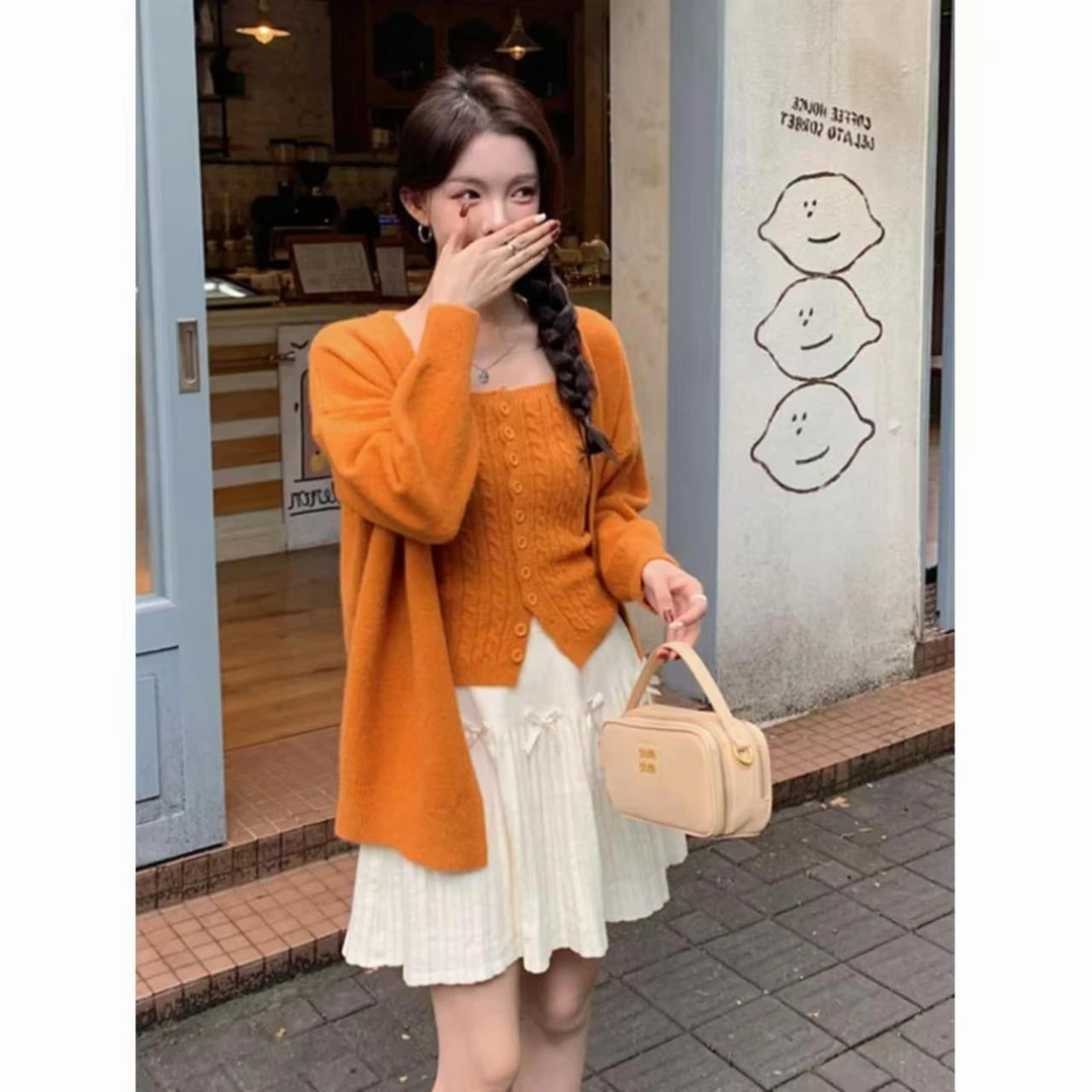 秋季韩系慵懒风麻花针织两件套装背心+v领宽松简约纯色开衫外套女