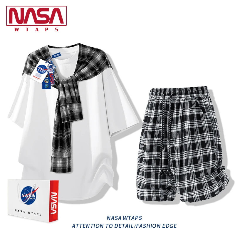 NASA WTAPS潮牌披肩短袖套装男夏季冰丝宽松三件套套轻奢痞帅男装