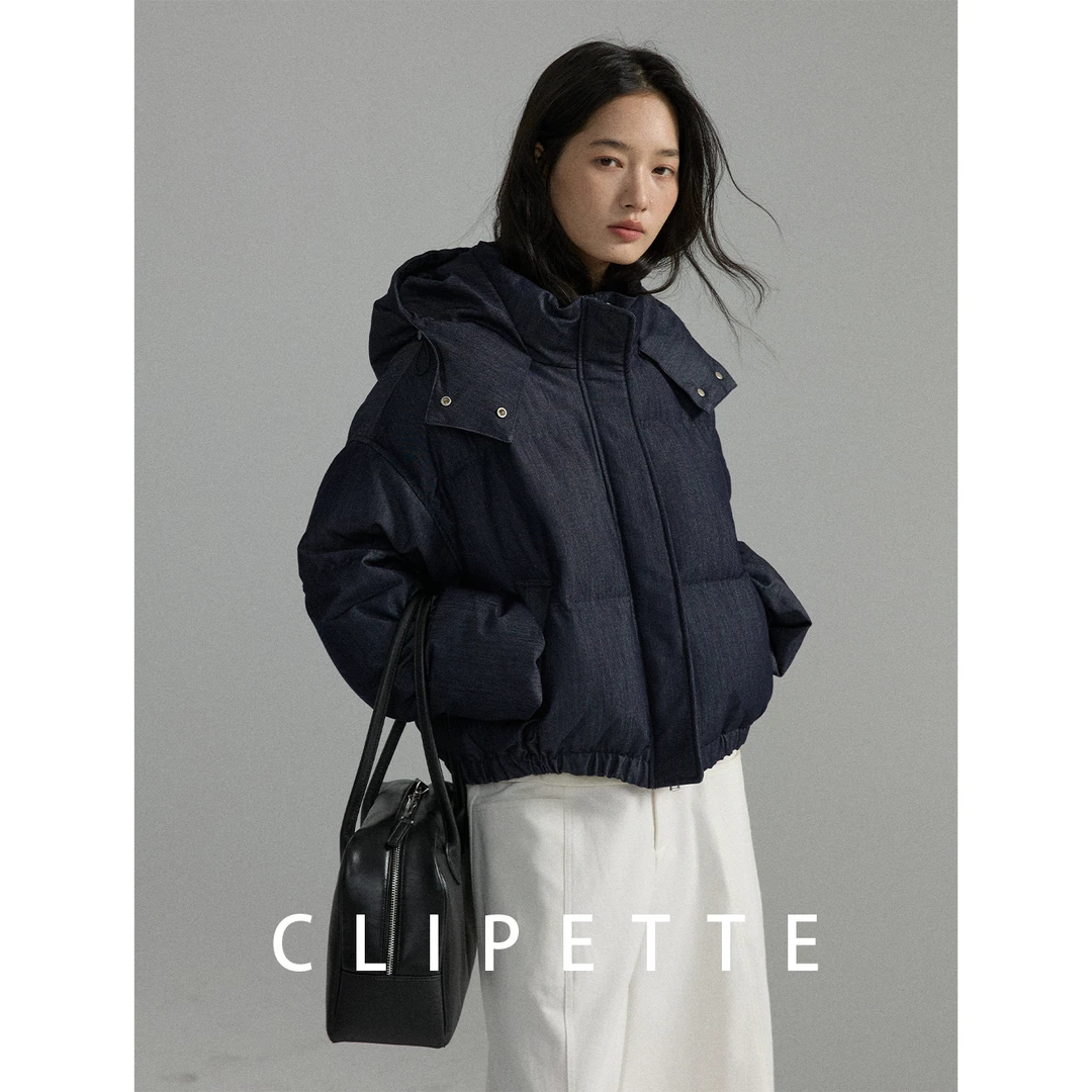 CLIPETTE 设计感仿牛仔90鸭绒短款羽绒服可拆卸帽保暖加厚外套女
