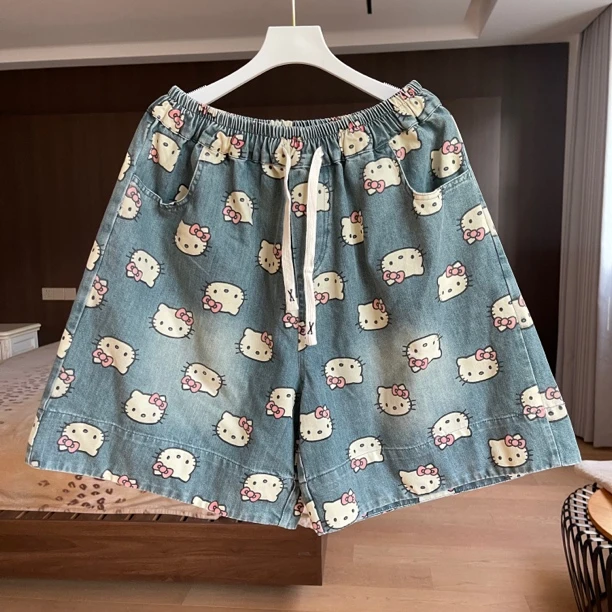 790彩色KT猫印花牛仔五分短裤女