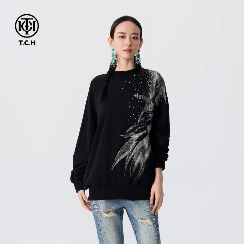 潮牌-TCH烫钻套头卫衣男女2025秋季新款情侣长袖T恤T72C116053