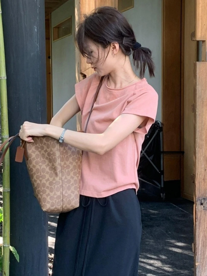 粉色正肩短袖t恤女士初夏季百搭新款穿搭宽松显瘦薄款打底衫上衣