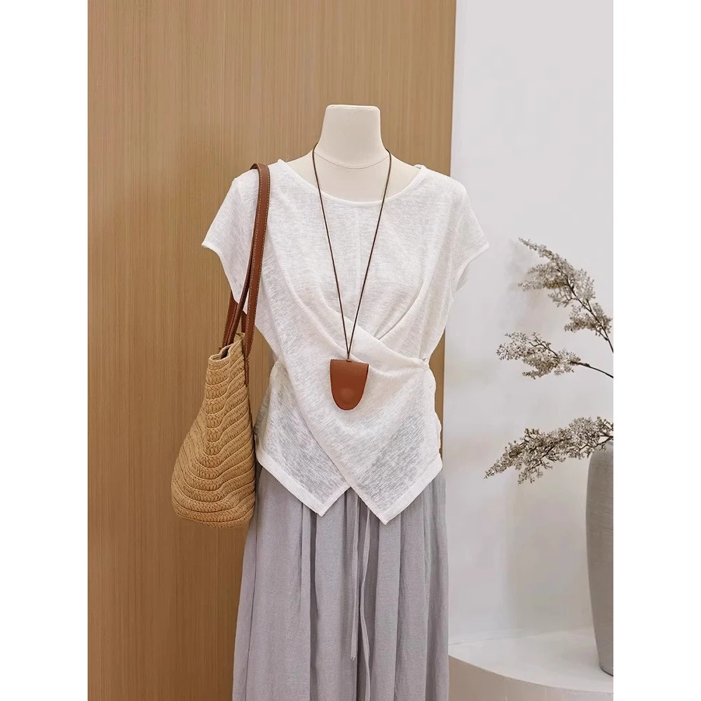 太好看了！漂亮！圆领不规则收腰显瘦微透短袖T恤女薄款慵懒感上衣