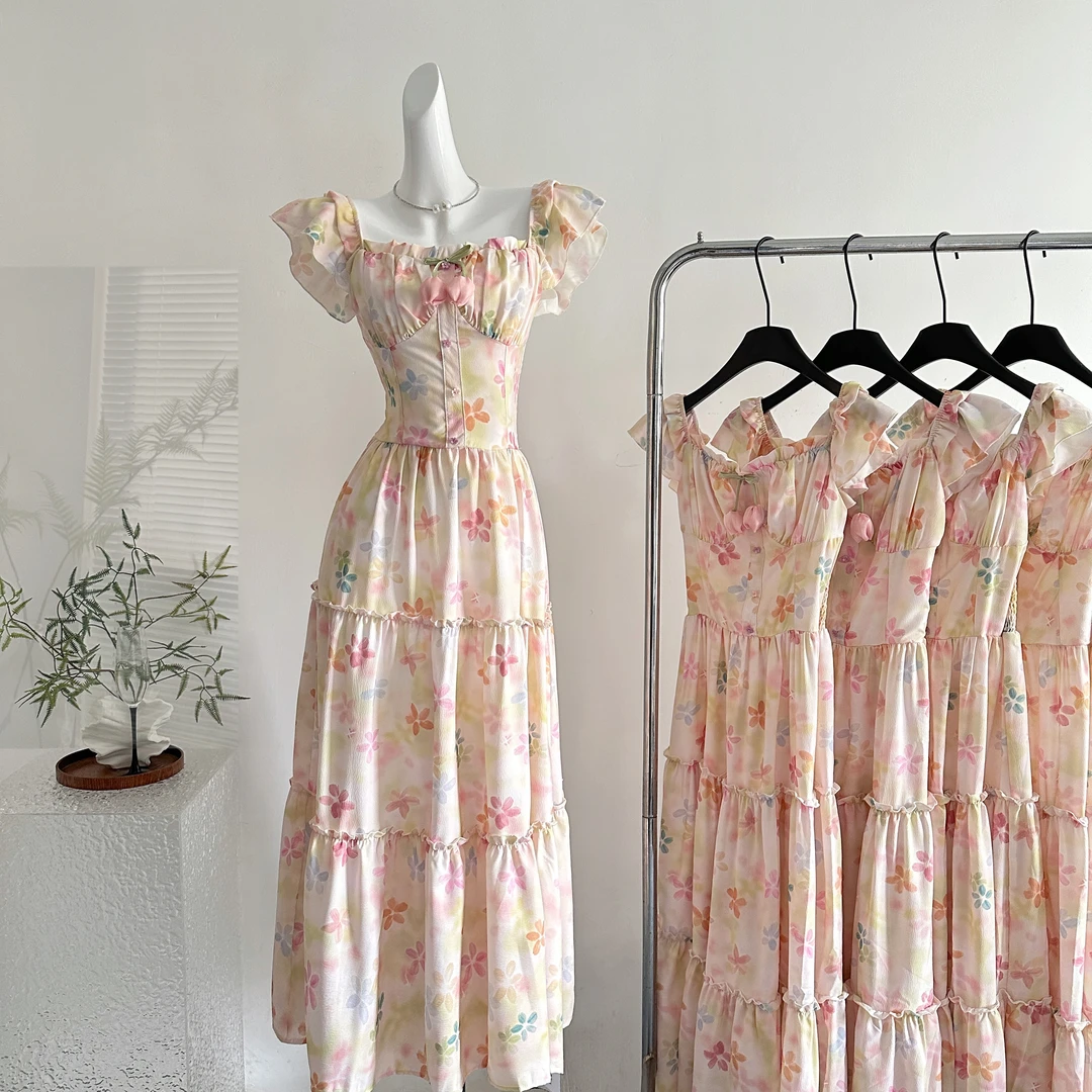 法式方领小飞袖春日少女感彩色印花碎花吊带连衣裙超仙温柔风长款