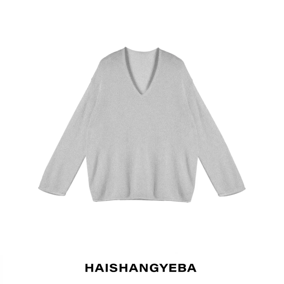 【海上叶爸】新款2025春夏百搭绵羊毛V领简约通勤宽松针织衫