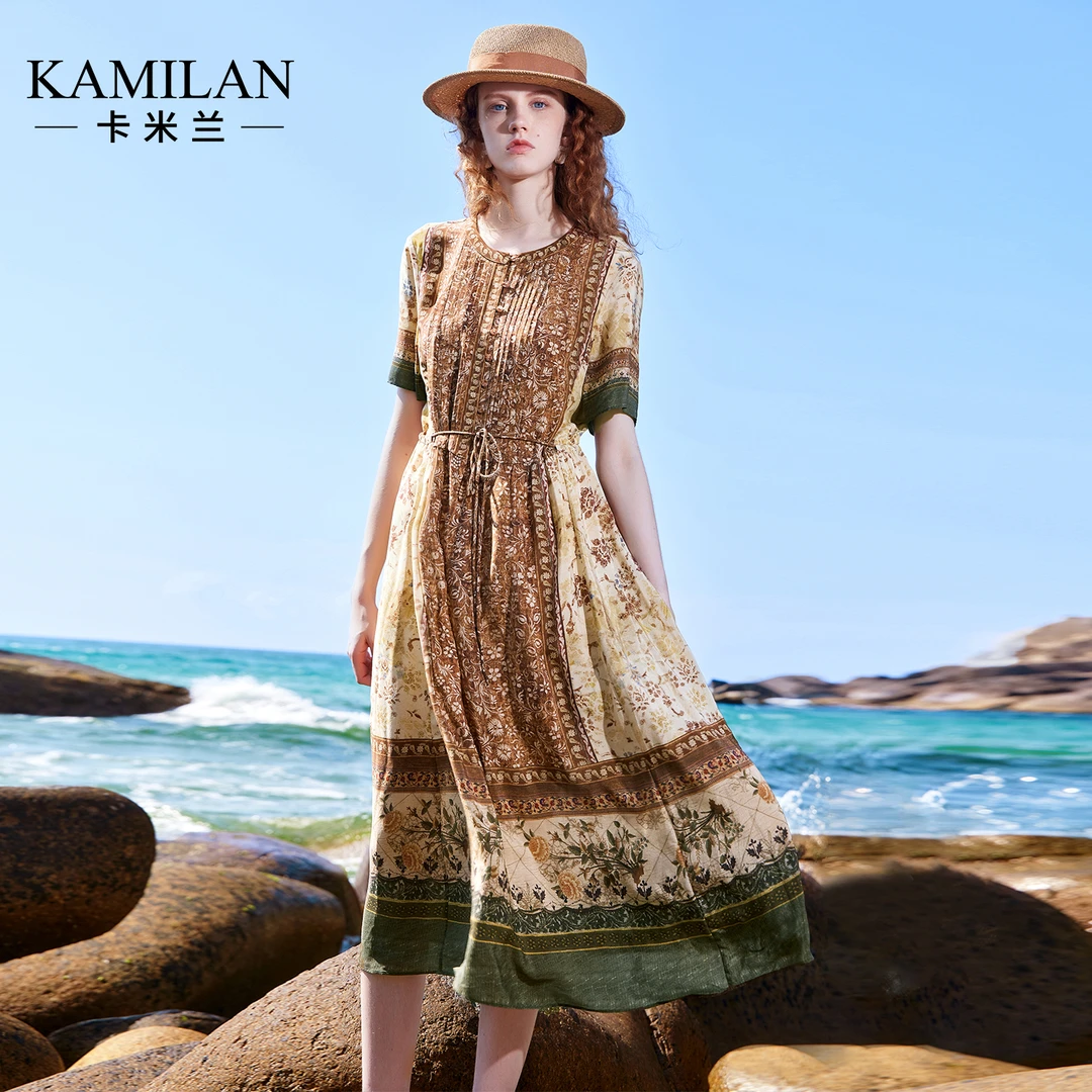 [100桑蚕丝]卡米兰短袖真丝连衣裙女2025夏季新款大方得体的裙子