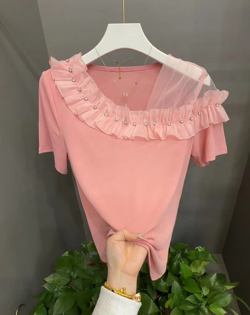 2025大码夏季欧韩货显瘦遮肉花朵漏肩蕾丝网纱减龄女半袖930