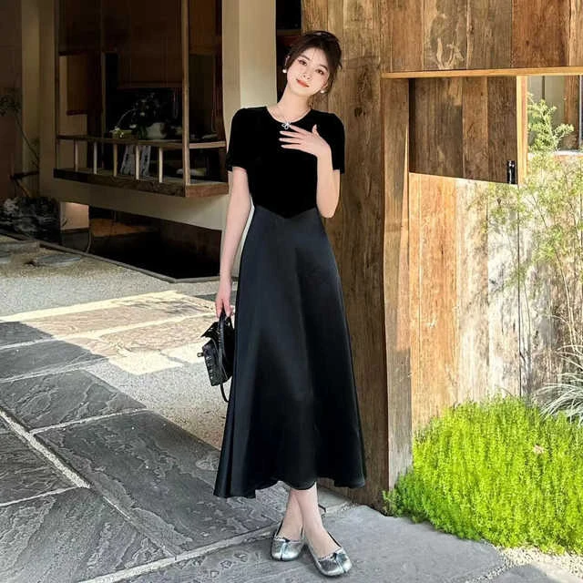 法式名媛黑色拼接醋酸连衣裙女夏季新款收腰显瘦高级感气质a字裙