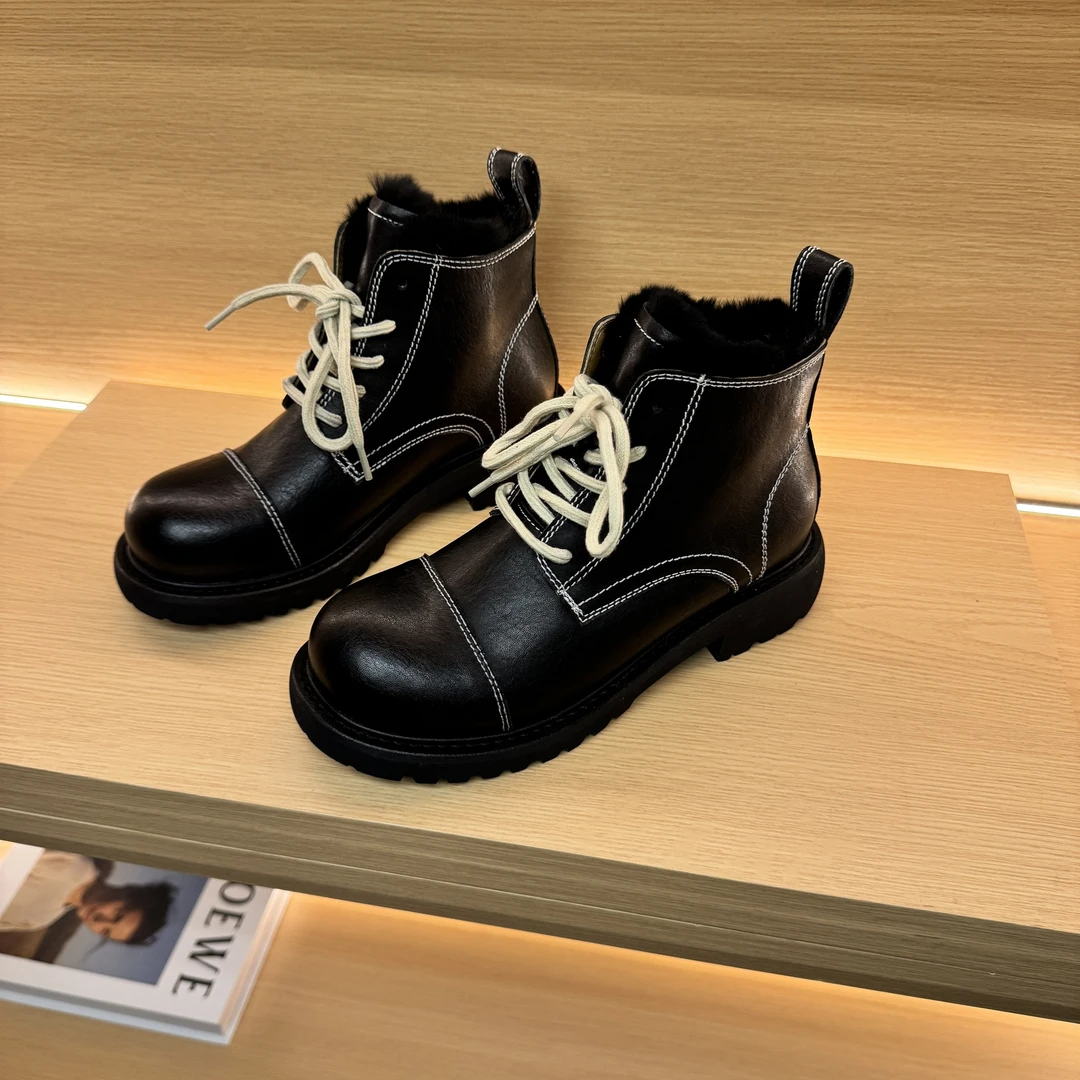 系带拼色圆头时尚休闲英伦风复古百搭女皮鞋华C