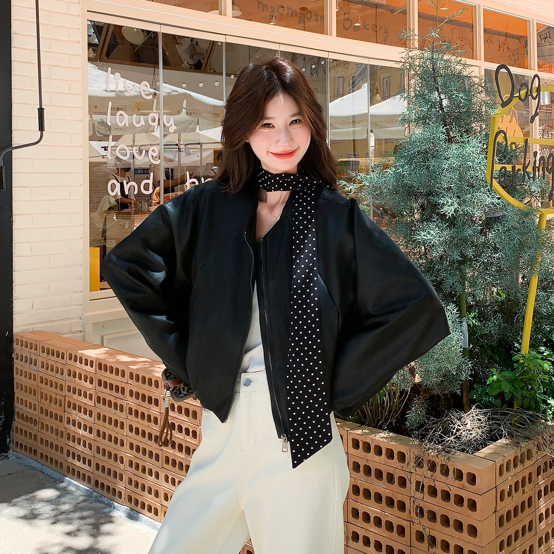 黑色酷飒风炸街皮衣短外套女2025早秋新款波点丝带设计感夹克上衣