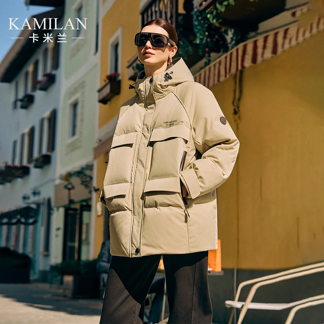 卡米兰连帽立领工装羽绒服女2025冬新款设计感保暖白鸭绒羽绒外套